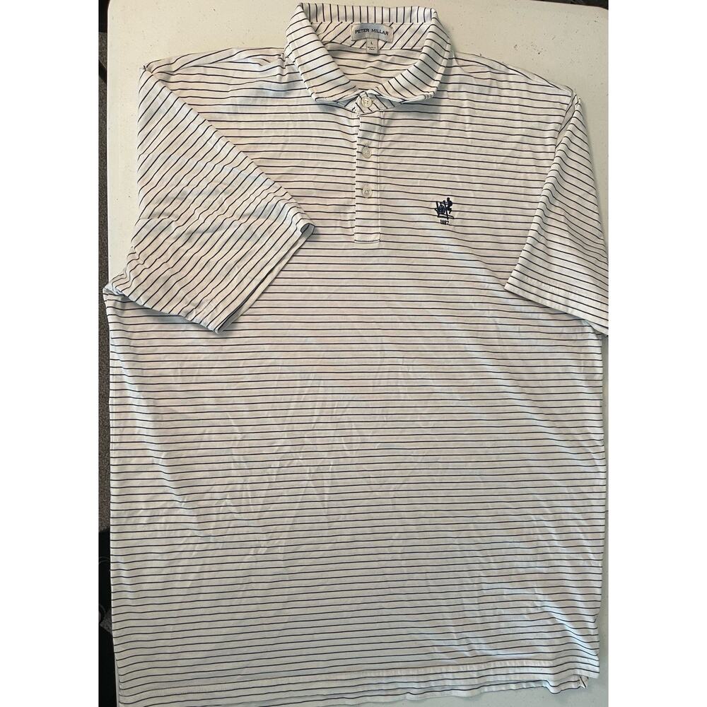 Peter Millar Polo Shirt Mens L White/Blue Strips Short Sleeves 1/4 Button Casual